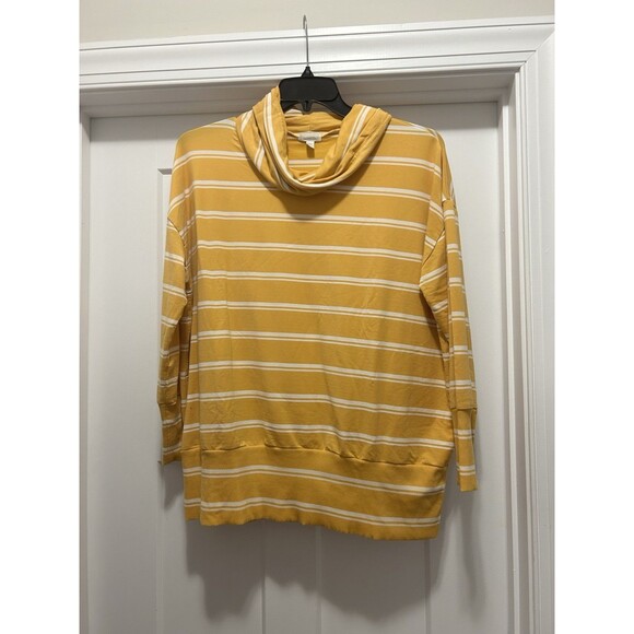 Garnet Hill Cowl Neck Knit Tunic Gold Yellow & White Striped Size Large Cozy - Picture 2 of 7